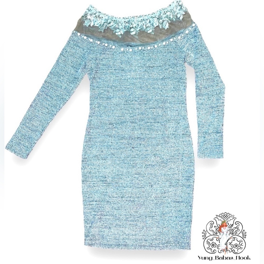 Sheilay Large Knit Long Sleeve Gray Dress with White Pearls a round neck NWT